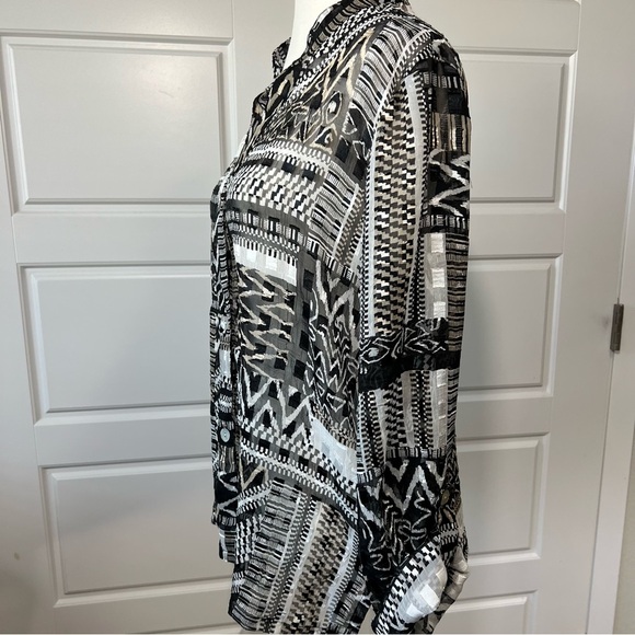 Ruby Rd Abstract Print Blouse Sheer Button Down Long Sleeve Top Black White 12 - Picture 3 of 7